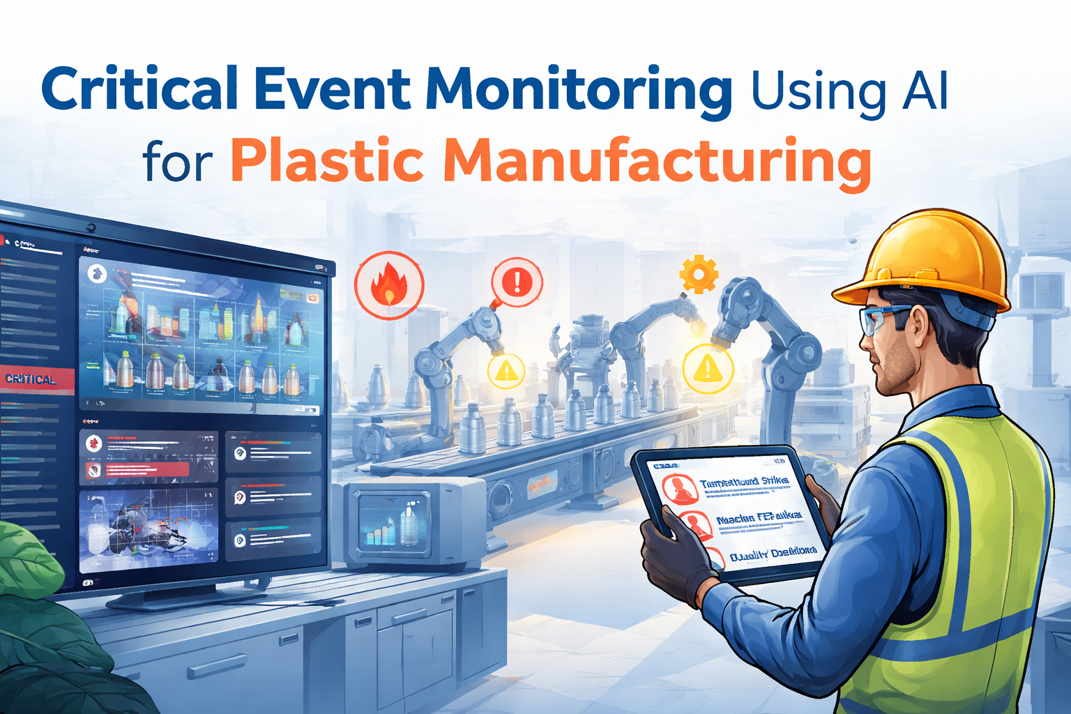 AI-powered critical event monitoring system in plastic manufacturing industry with real-time alerts, machine tracking, and predictive analytics dashboard