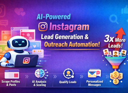 Smiling AI robot working on a laptop with Instagram logos, showcasing automated lead generation and outreach with graphs, messages, and icons for scraping, AI analysis, lead qualification, and personalized messaging.