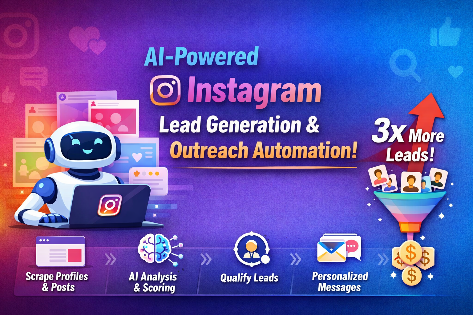 Smiling AI robot working on a laptop with Instagram logos, showcasing automated lead generation and outreach with graphs, messages, and icons for scraping, AI analysis, lead qualification, and personalized messaging.